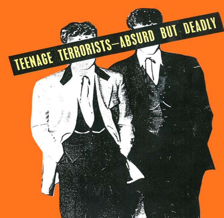 Two teddy boys under a banner reading Teenage Terrorists